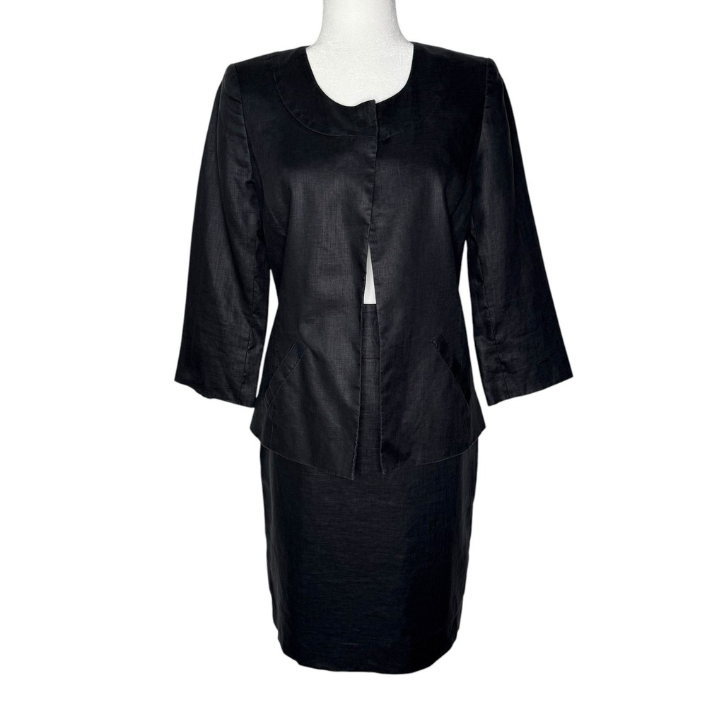 Anne Klein 4 100% Linen 2 Piece Skirt Blazer Jacket Suit Set Black 3/4 Sleeve